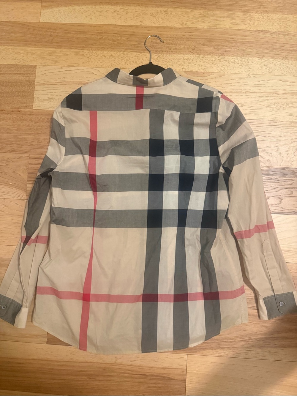 Burberry Womens Cream Plaid Button-Down Shirt with Gray and Red Stripes - Picture 4 of 5